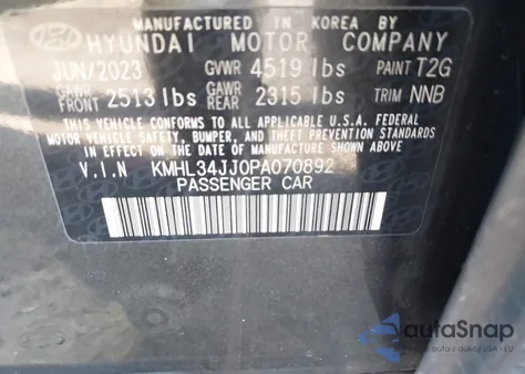 2023 Hyundai Sonata Hybrid Sel z USA, uszkodzony, nr VIN KMHL34JJ0PA070892